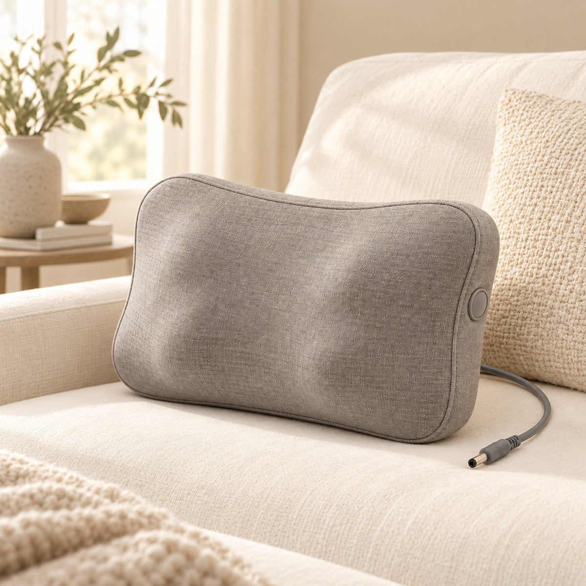 Climmatee Soft Taupe Contoured Massage Pillow with Minimal Button Detail