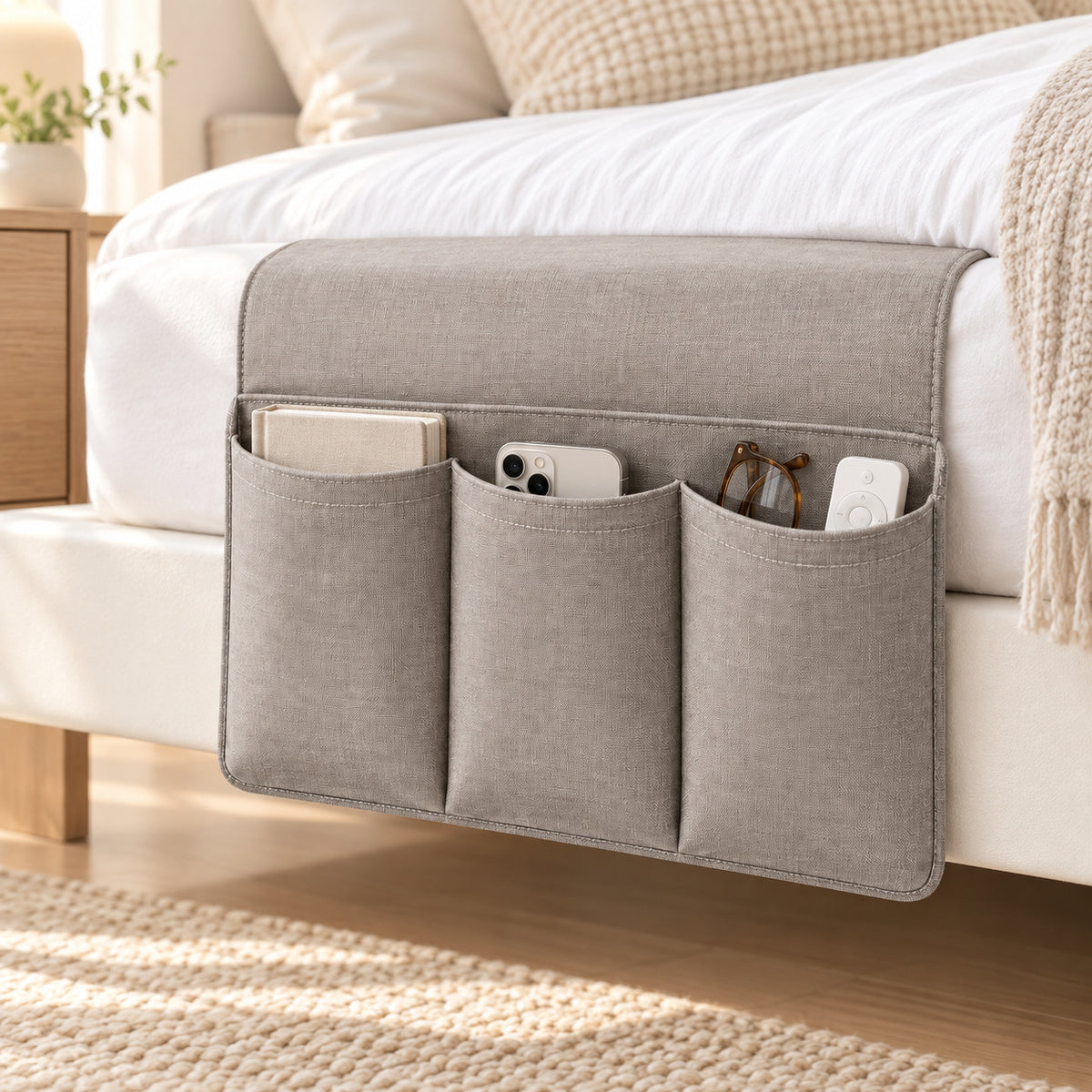 Climmatee Gray Fabric-Look Bedside Organizer with Three Front Pockets