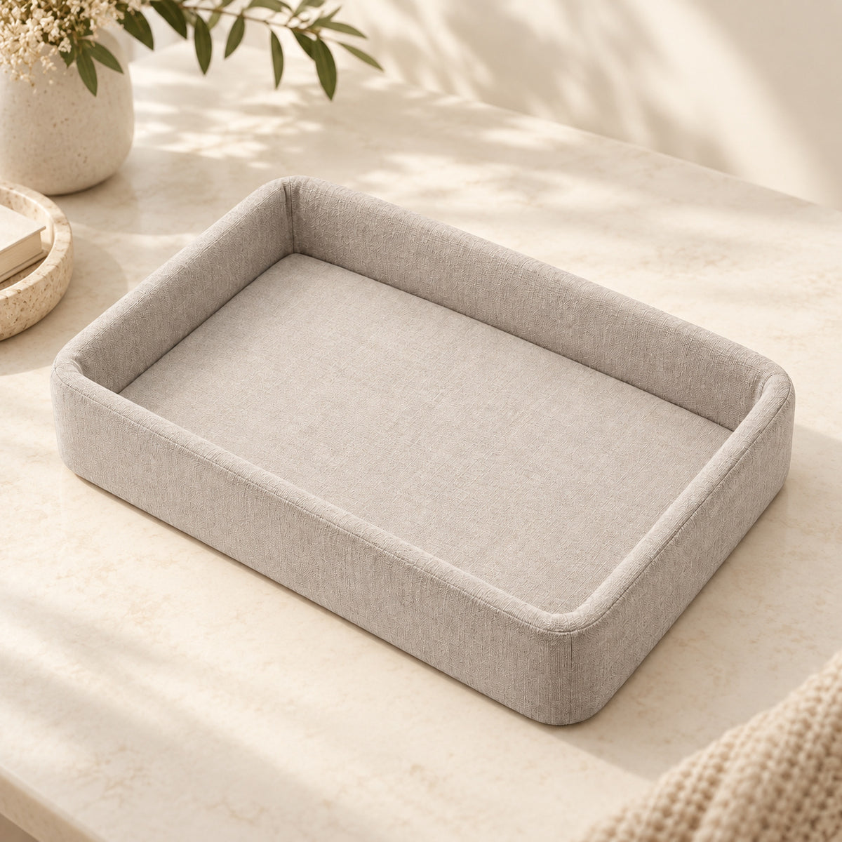 Climmatee Light Beige Bedside Storage Tray with Raised Fabric-Look Edges