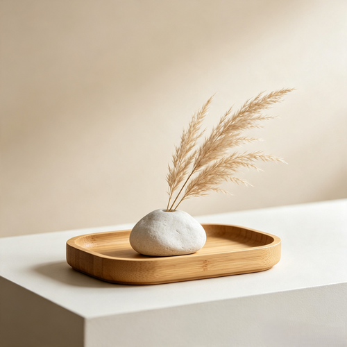 Climatese® Minimalist Pebble-Inspired Ceramic Vase with Bamboo Tray