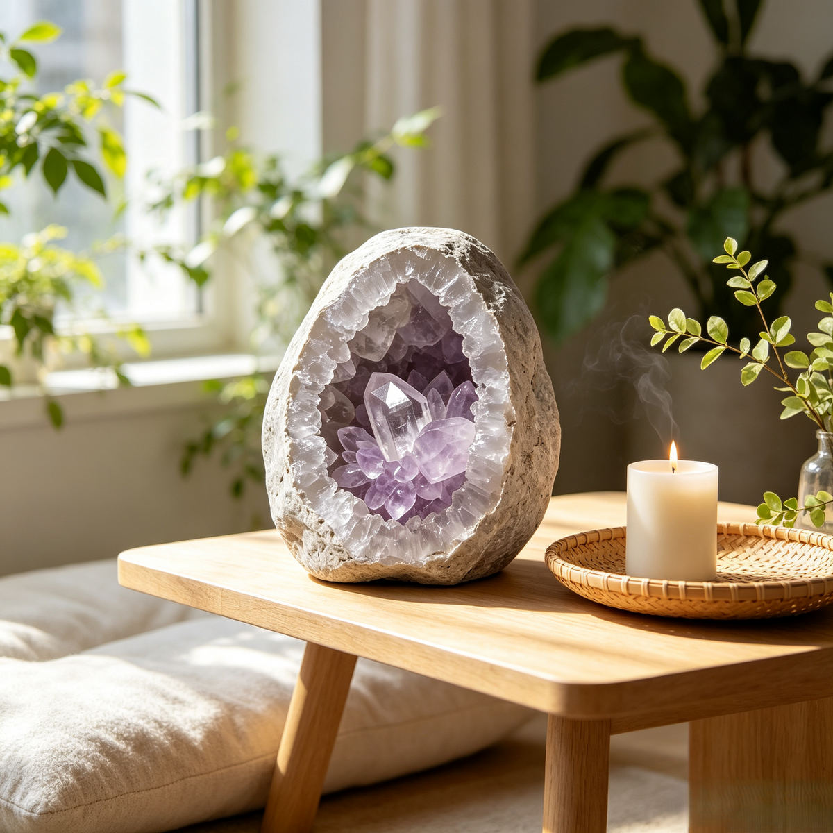 Climatese® Purple Geode-Style Decorative Ornament with Wood Base