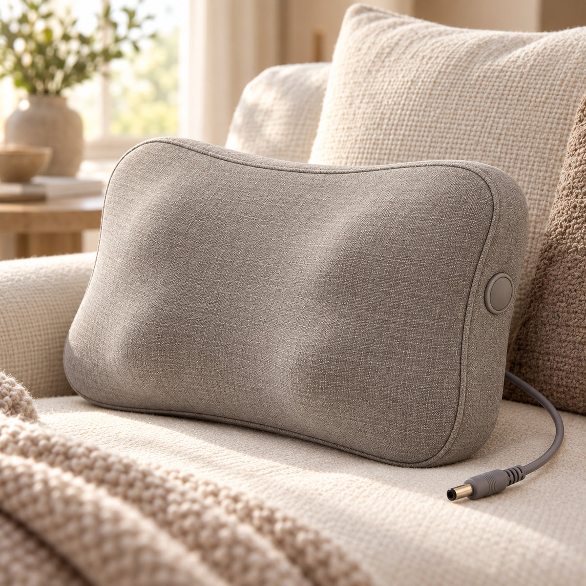 Climmatee Soft Taupe Contoured Massage Pillow with Minimal Button Detail