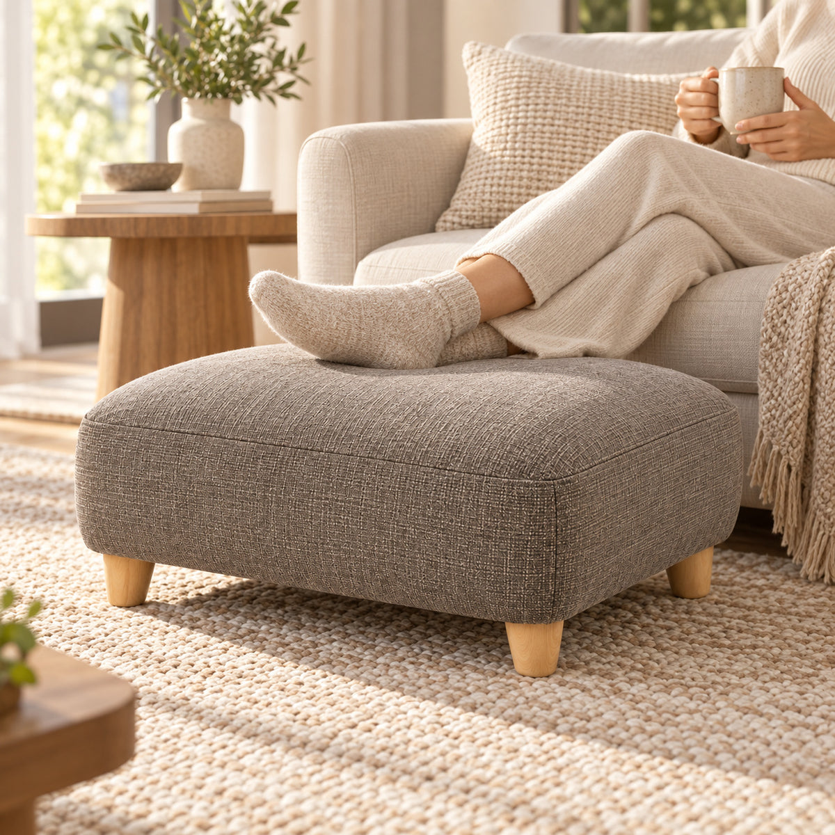 Climmatee Brown Fabric-Look Foot Rest Ottoman with Wood-Tone Legs