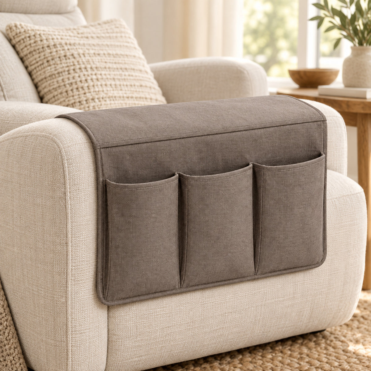 Climmatee Brown Fabric-Look Recliner Arm Organizer with Three Front Pockets