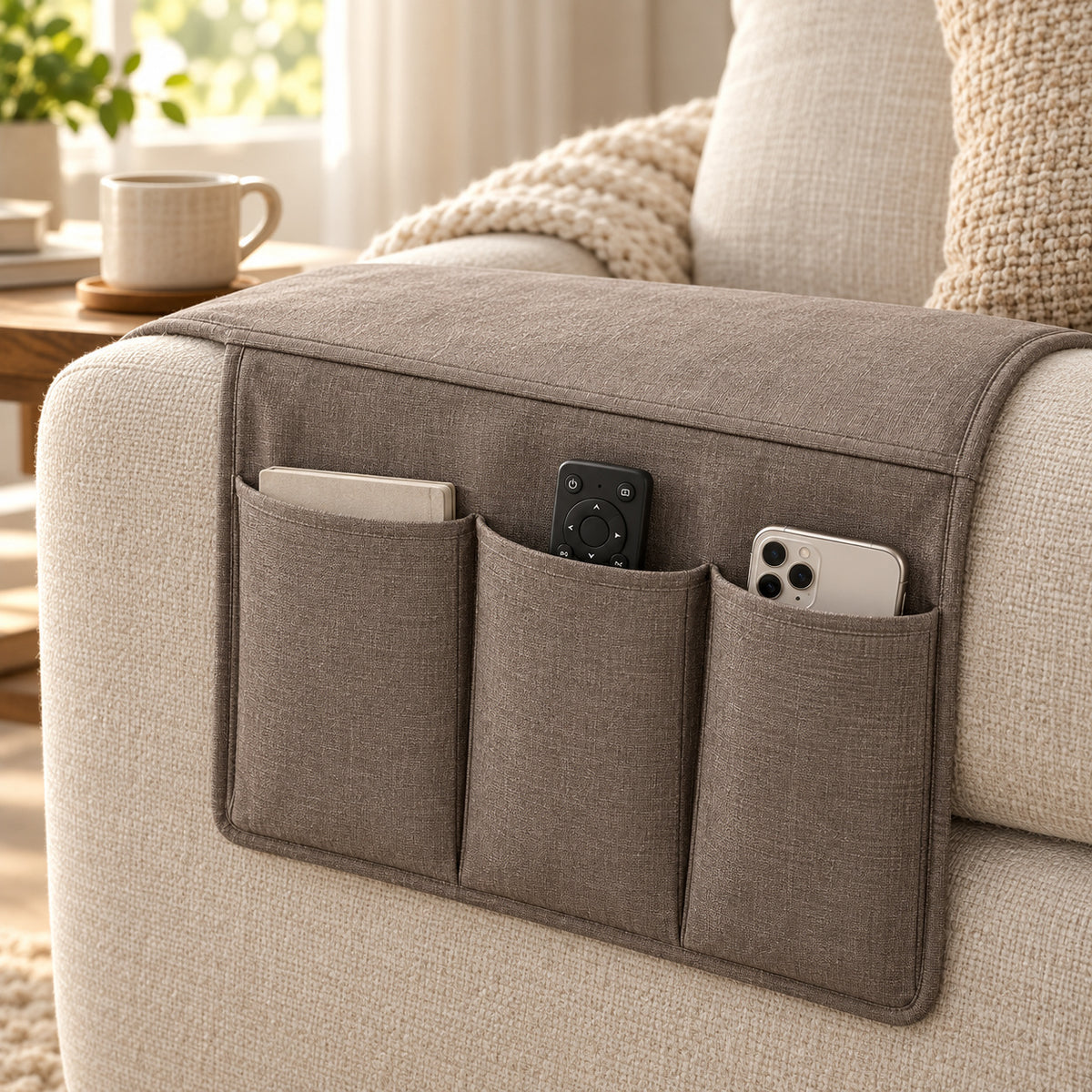 Climmatee Brown Fabric-Look Recliner Arm Organizer with Three Front Pockets