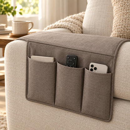 Climmatee Brown Fabric-Look Recliner Arm Organizer with Three Front Pockets