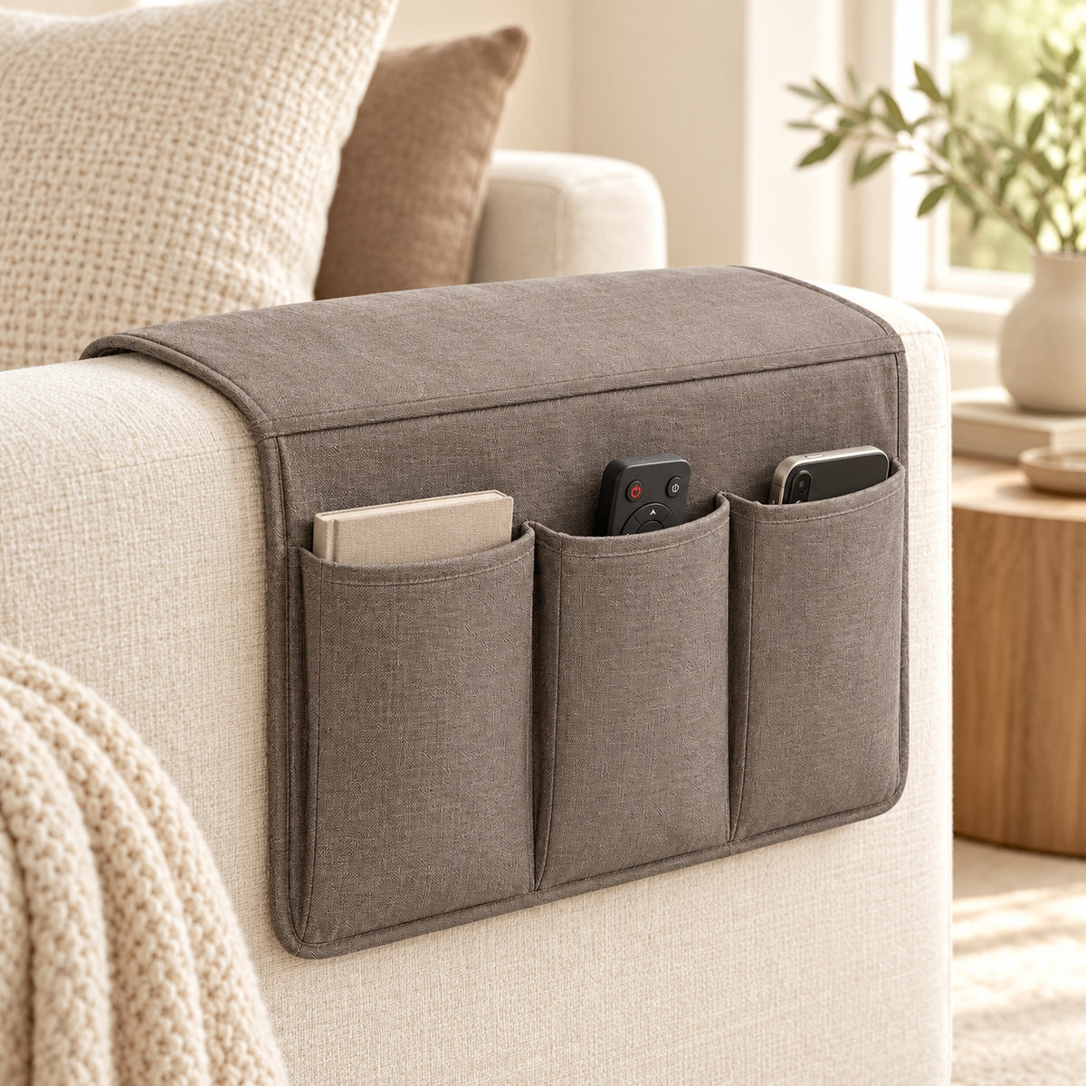 Climmatee Brown Fabric-Look Recliner Arm Organizer with Three Front Pockets
