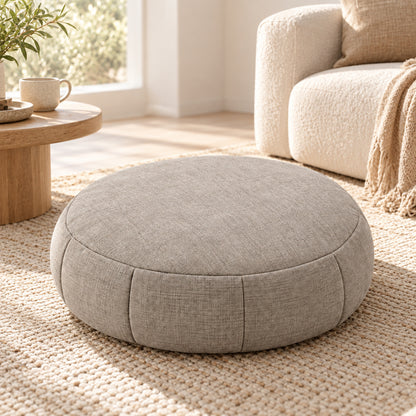 Climmatee Taupe Round Floor Cushion with Fabric-Look Panel Design