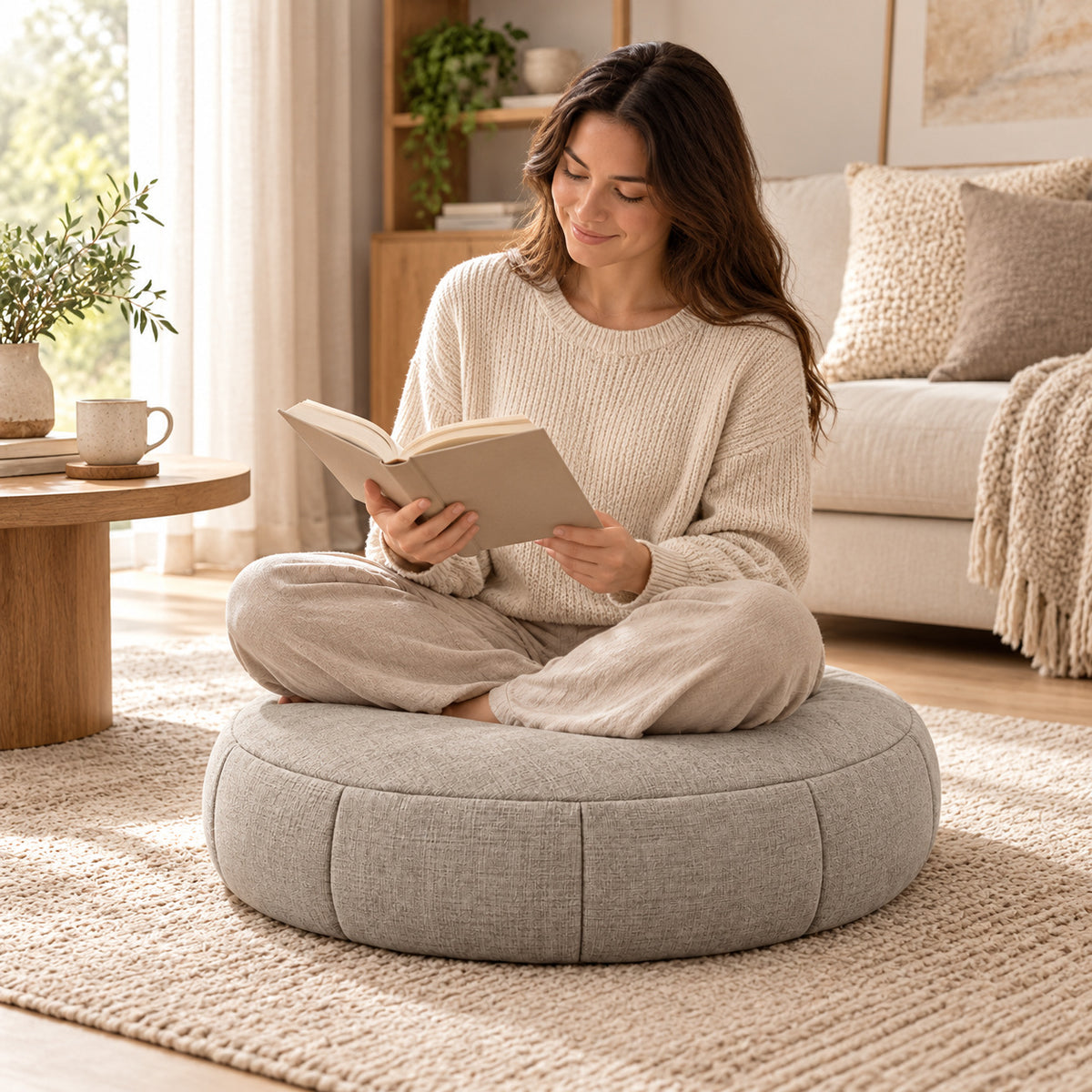 Climmatee Taupe Round Floor Cushion with Fabric-Look Panel Design