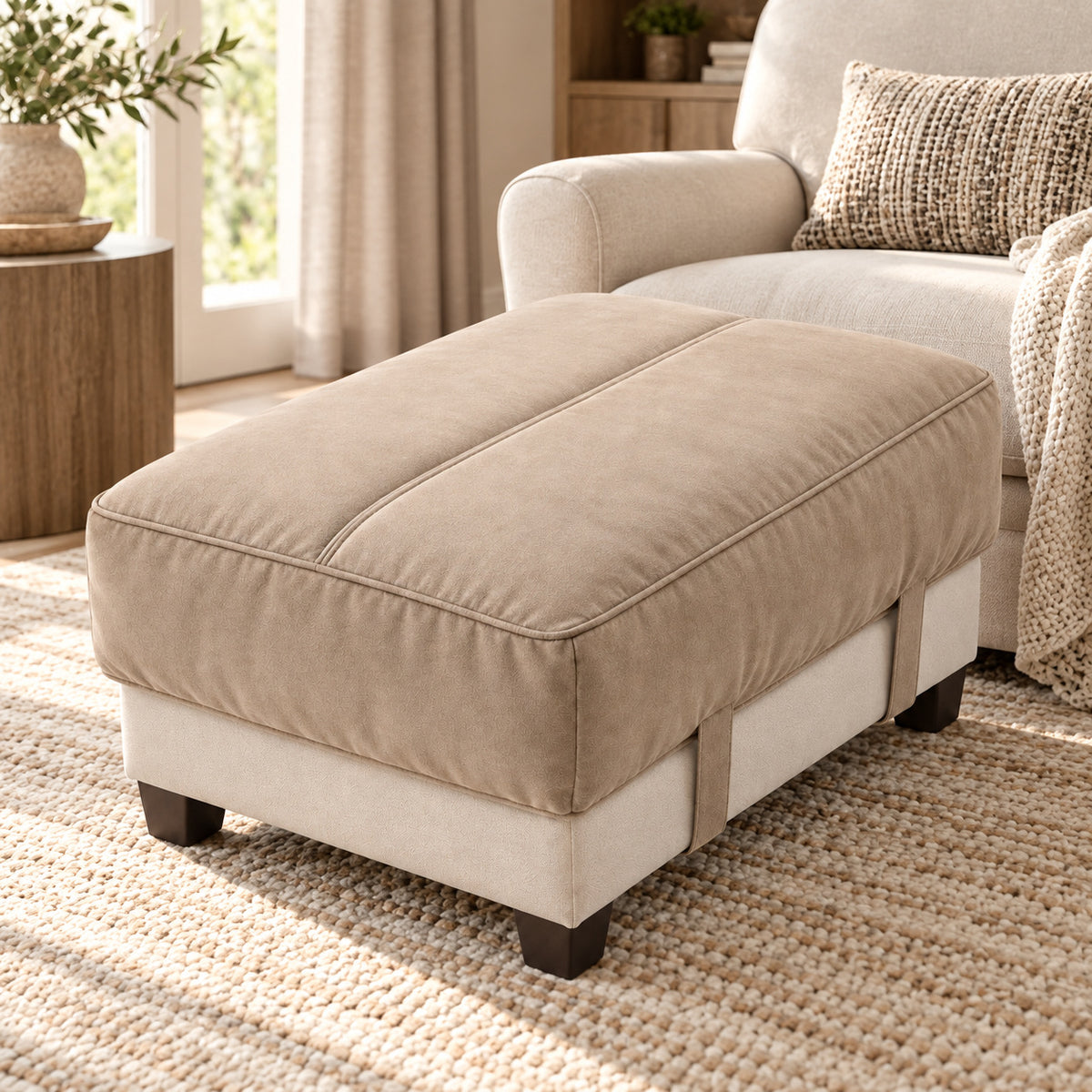 Climmatee Beige Padded Ottoman Cushion Cover with Strap Detail