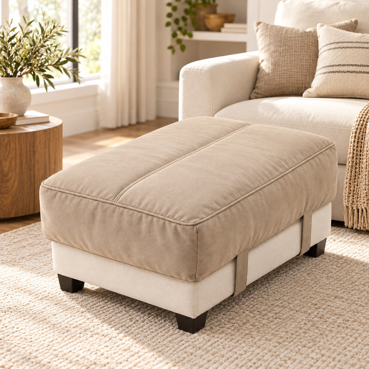 Climmatee Beige Padded Ottoman Cushion Cover with Strap Detail