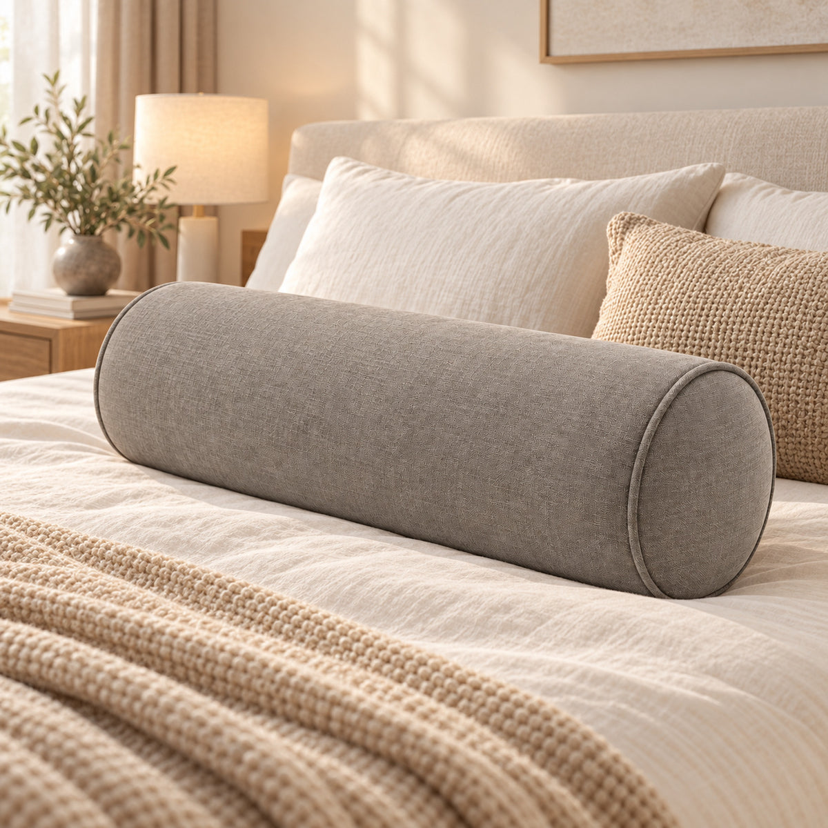 Climmatee Taupe Cylindrical Bolster Pillow with Fabric-Look Texture
