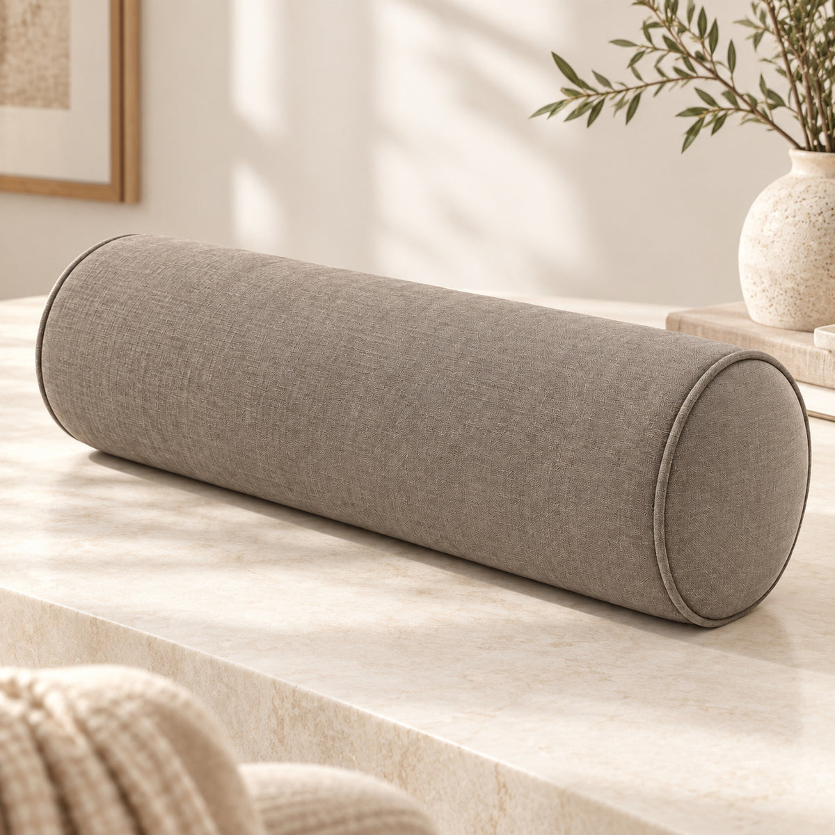 Climmatee Taupe Cylindrical Bolster Pillow with Fabric-Look Texture