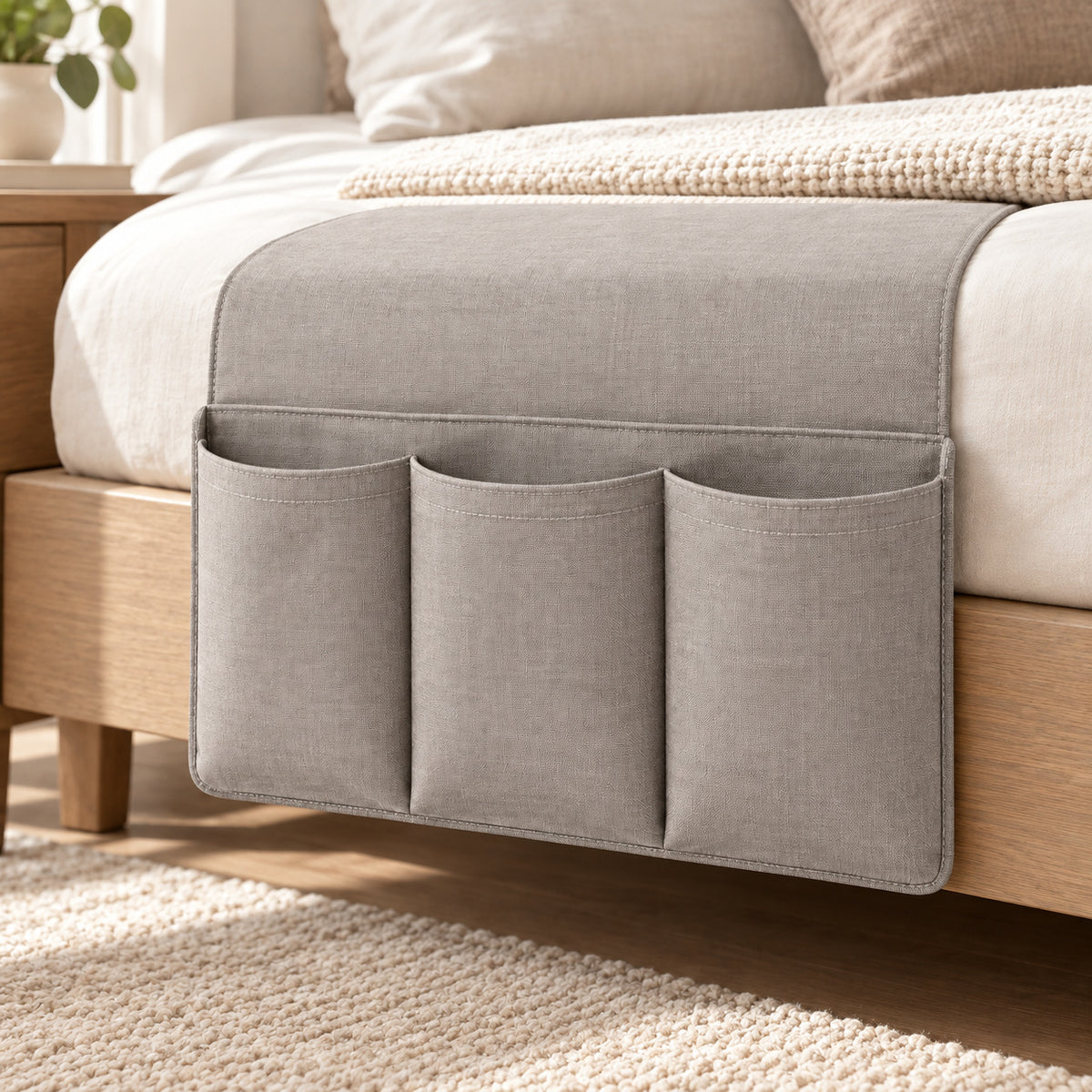 Climmatee Gray Fabric-Look Bedside Organizer with Three Front Pockets