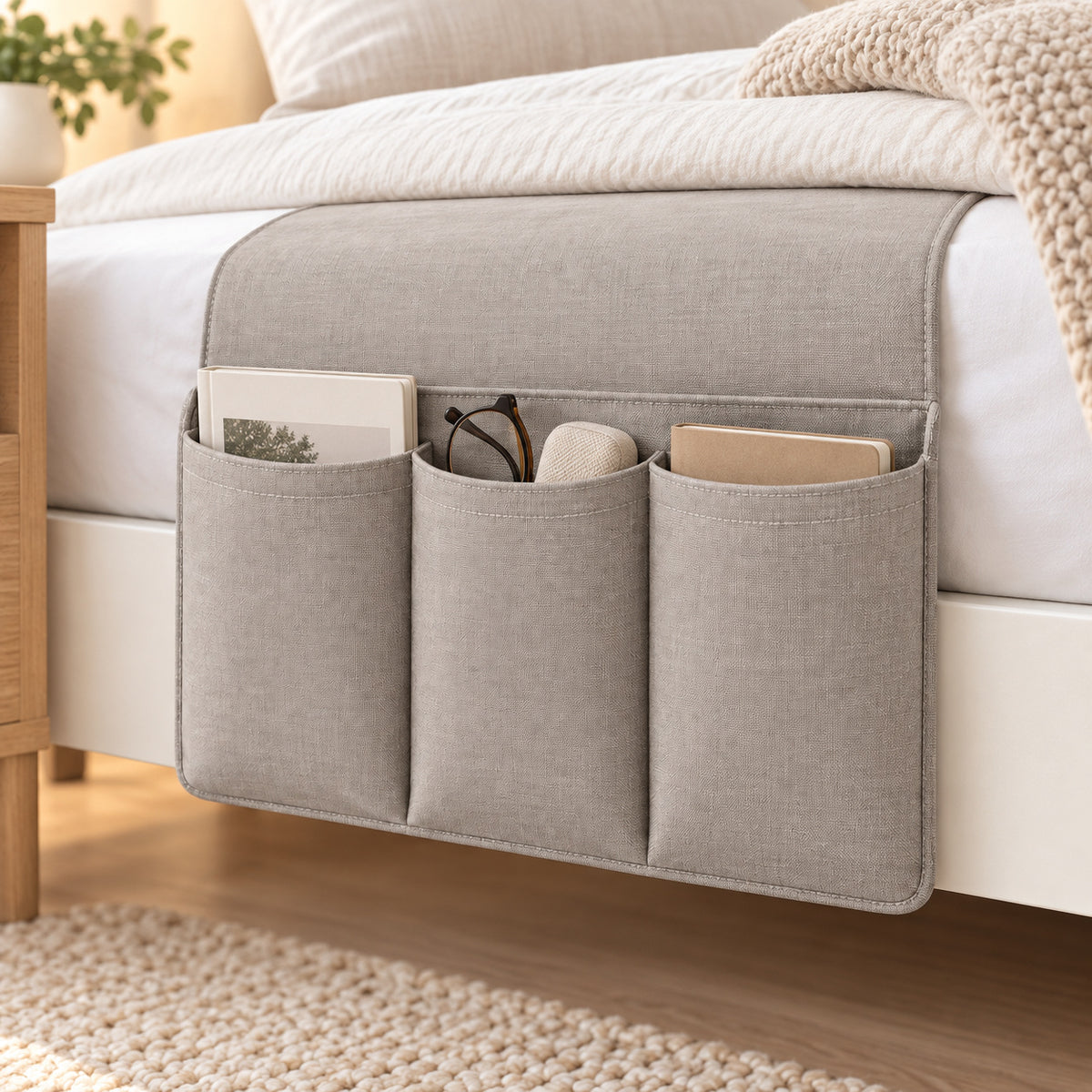 Climmatee Gray Fabric-Look Bedside Organizer with Three Front Pockets