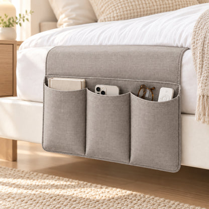 Climmatee Gray Fabric-Look Bedside Organizer with Three Front Pockets
