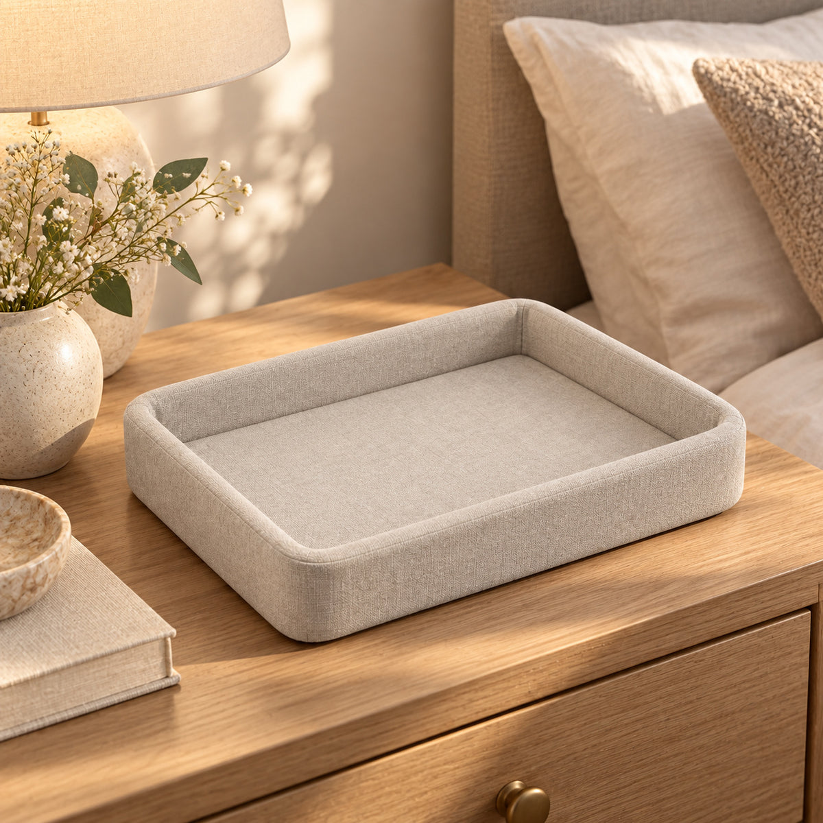 Climmatee Light Beige Bedside Storage Tray with Raised Fabric-Look Edges