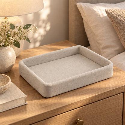 Climmatee Light Beige Bedside Storage Tray with Raised Fabric-Look Edges