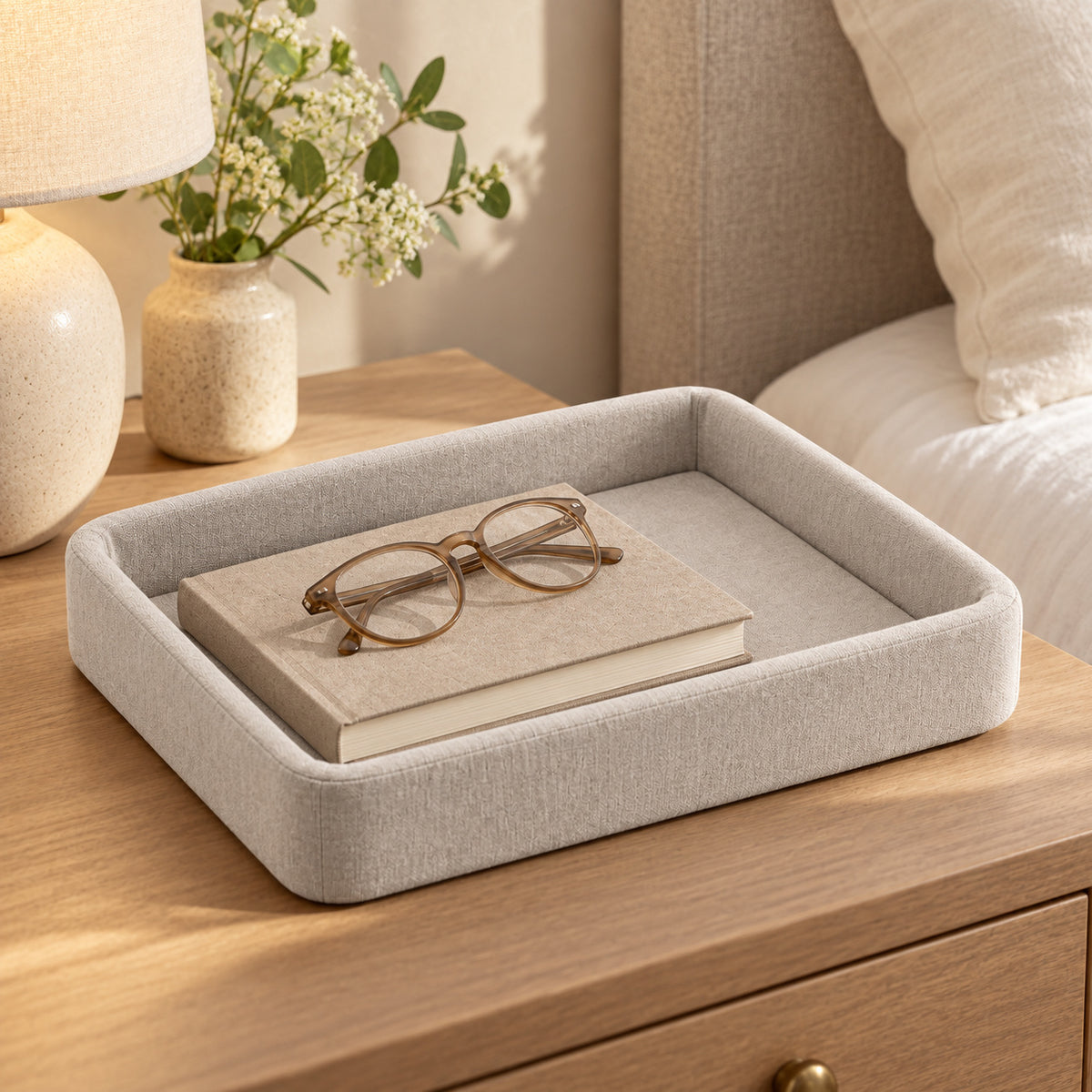 Climmatee Light Beige Bedside Storage Tray with Raised Fabric-Look Edges