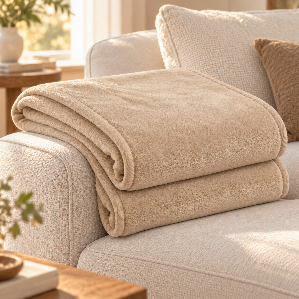 Climmatee Beige Plush-Look Throw Blanket with Soft Folded Design