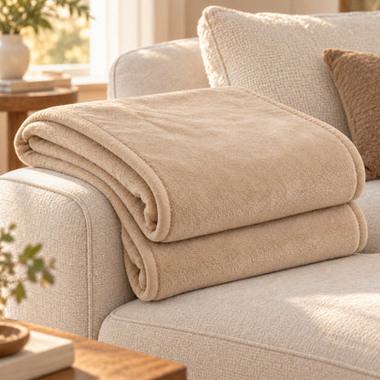 Climmatee Beige Plush-Look Throw Blanket with Soft Folded Design