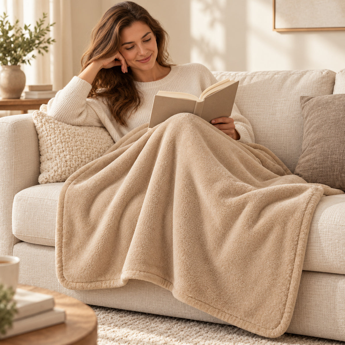 Climmatee Beige Plush-Look Throw Blanket with Soft Folded Design