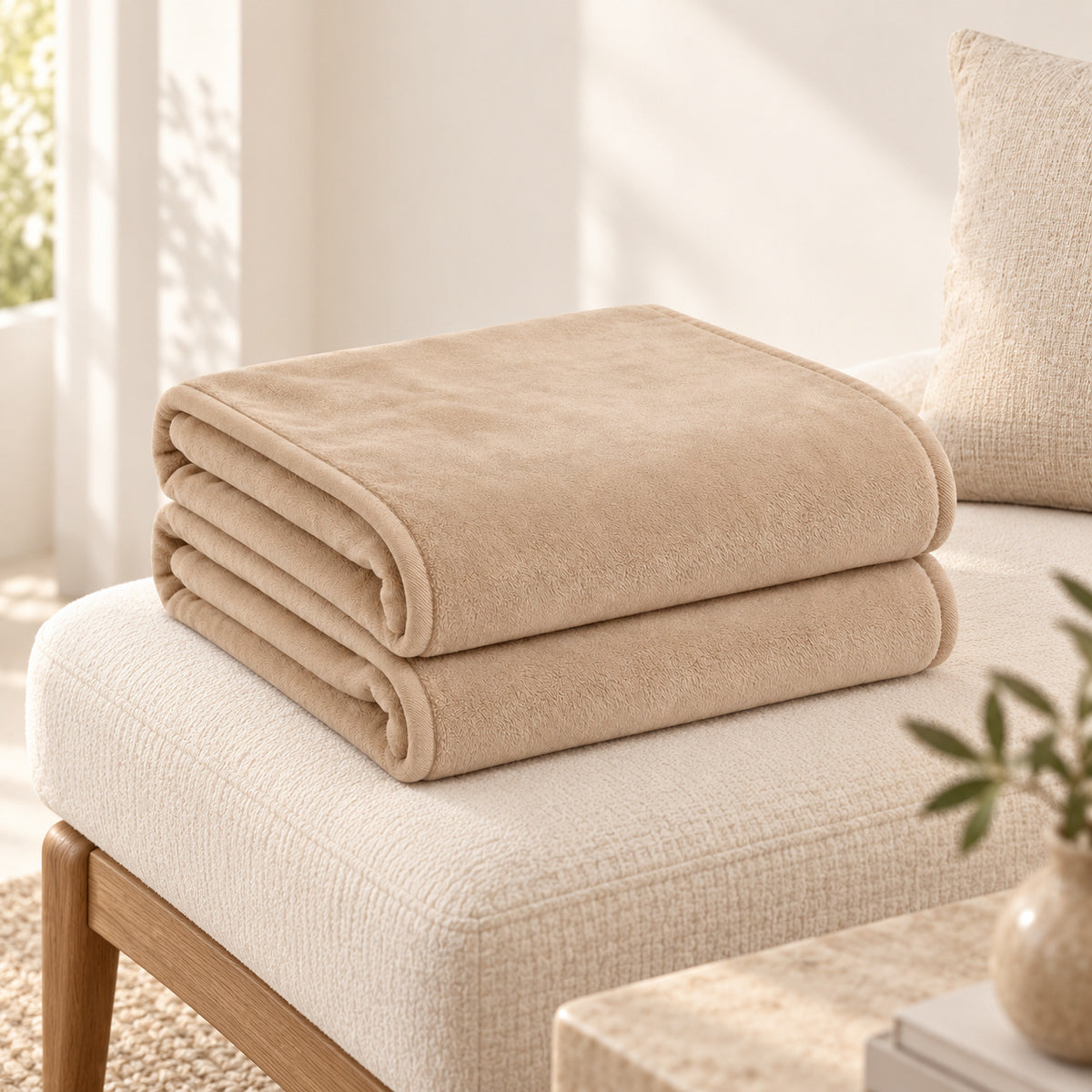 Climmatee Beige Plush-Look Throw Blanket with Soft Folded Design