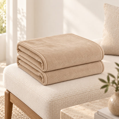 Climmatee Beige Plush-Look Throw Blanket with Soft Folded Design