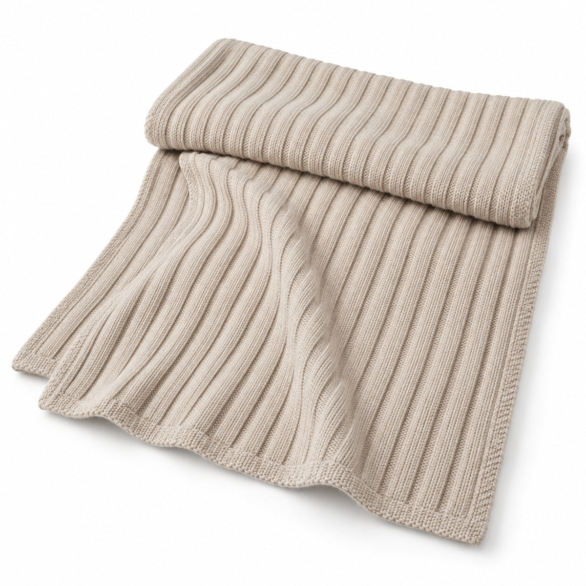 Climmatee Beige Ribbed Knit-Look Throw Blanket with Rolled Edge Design
