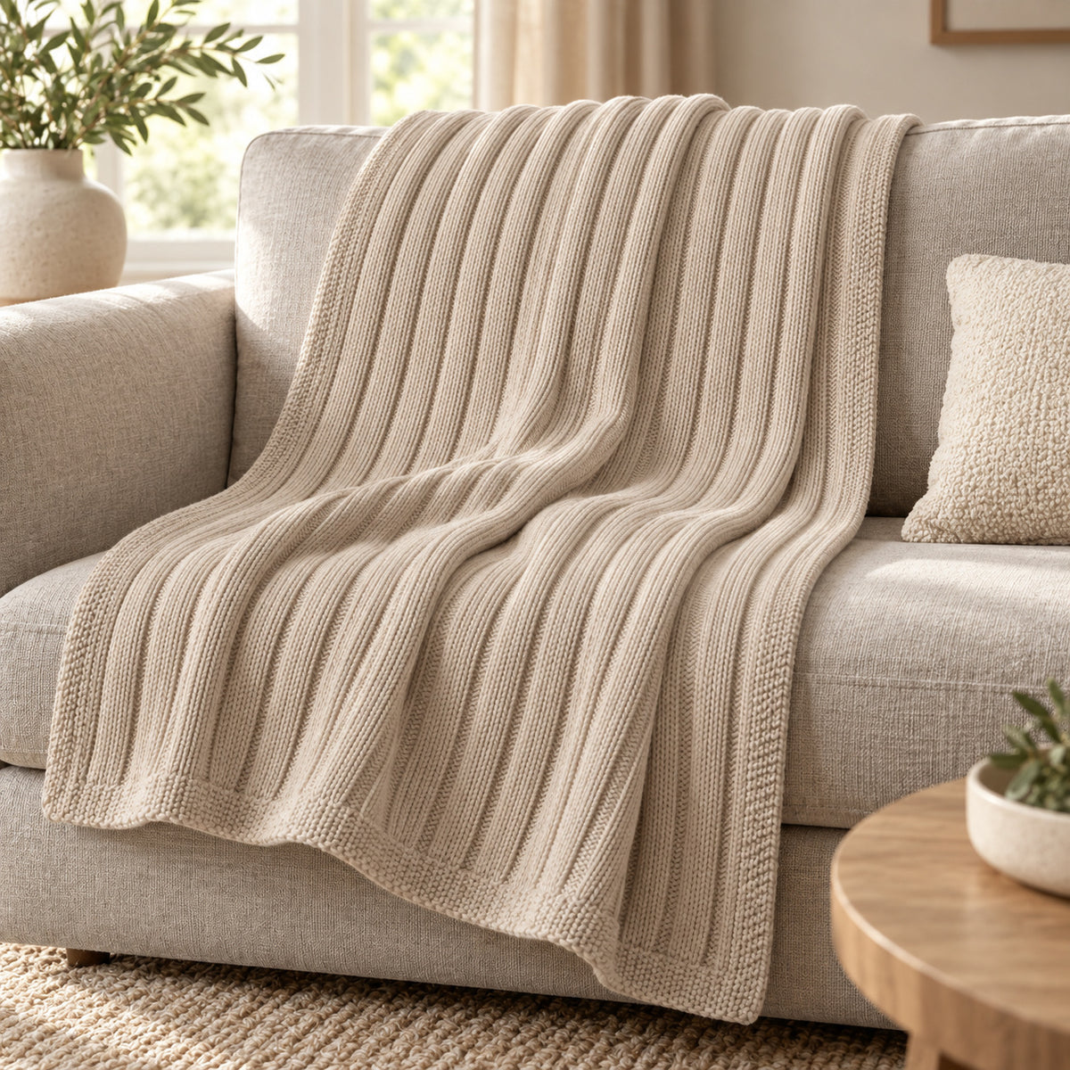 Climmatee Beige Ribbed Knit-Look Throw Blanket with Rolled Edge Design