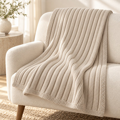 Climmatee Beige Ribbed Knit-Look Throw Blanket with Rolled Edge Design