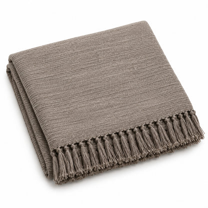 Climmatee Taupe Textured Throw Blanket with Tassel Fringe Detail