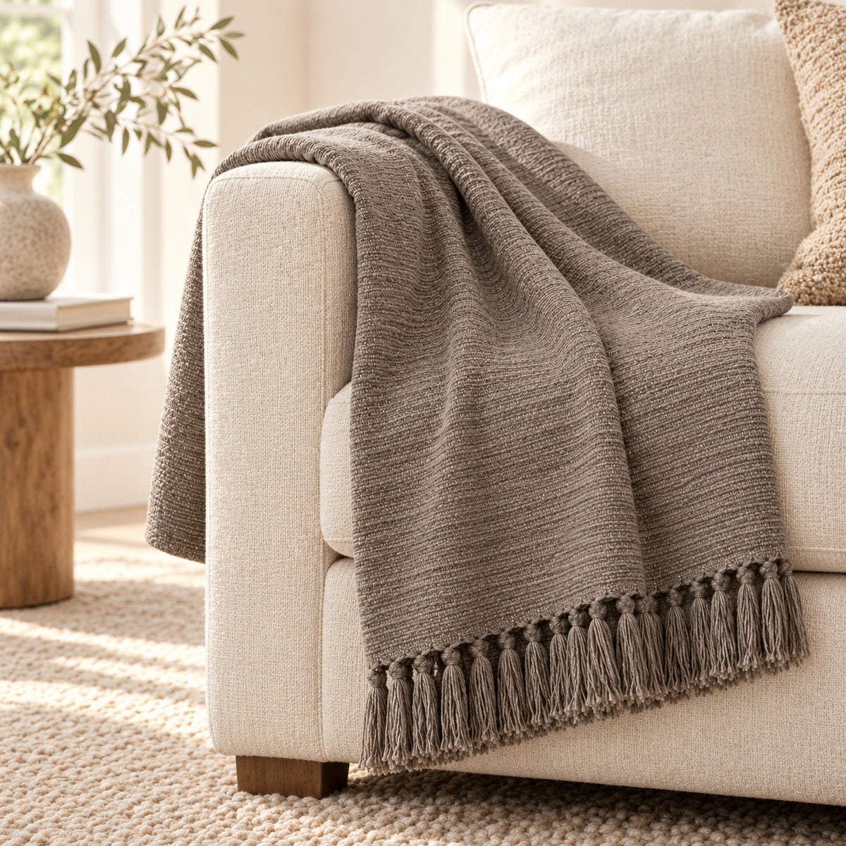 Climmatee Taupe Textured Throw Blanket with Tassel Fringe Detail