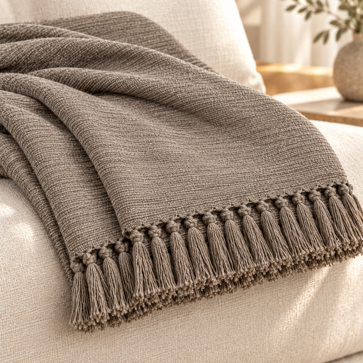 Climmatee Taupe Textured Throw Blanket with Tassel Fringe Detail