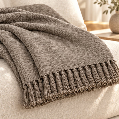 Climmatee Taupe Textured Throw Blanket with Tassel Fringe Detail