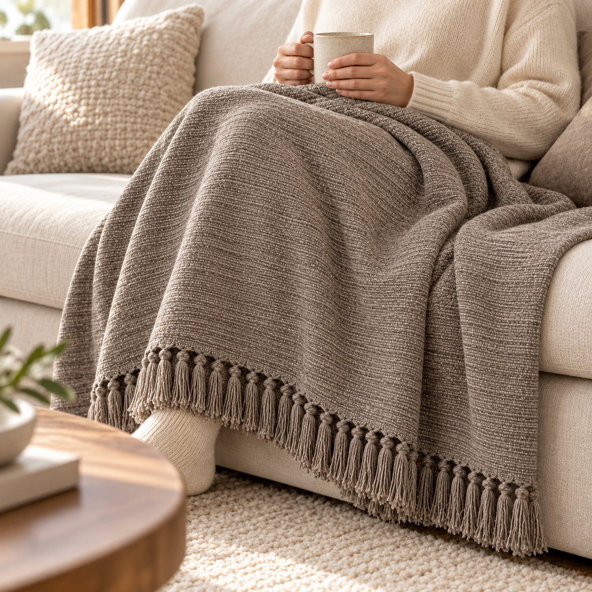 Climmatee Taupe Textured Throw Blanket with Tassel Fringe Detail