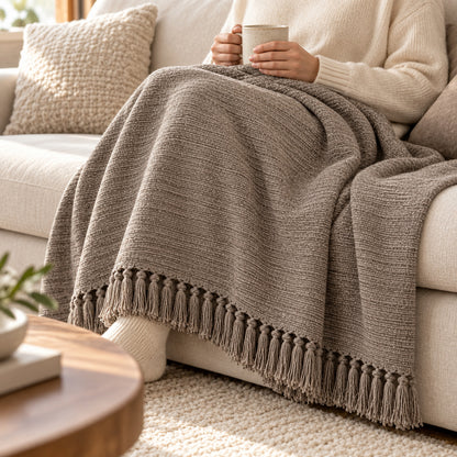 Climmatee Taupe Textured Throw Blanket with Tassel Fringe Detail