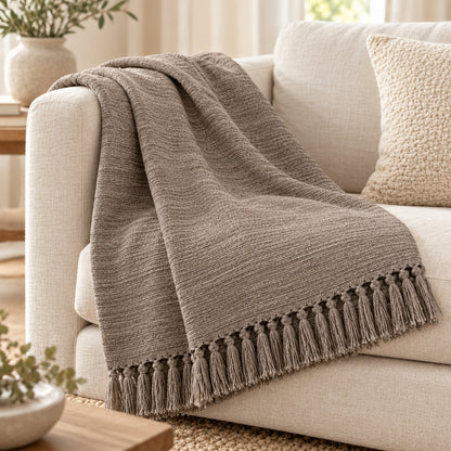 Climmatee Taupe Textured Throw Blanket with Tassel Fringe Detail