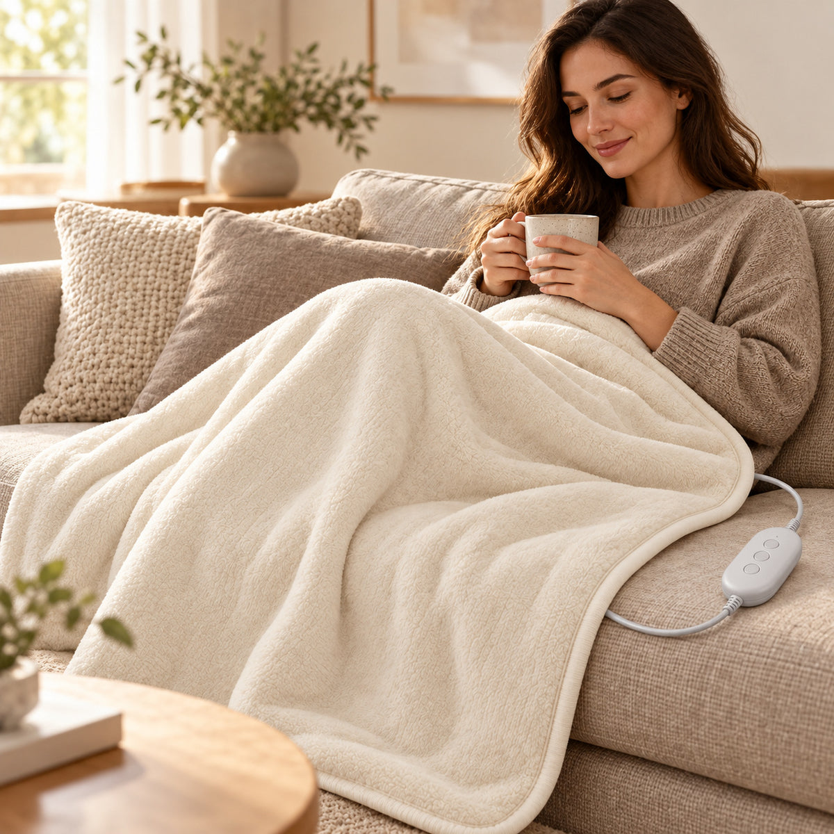 Climmatee Ivory Plush-Look Heated Blanket with Corded Controller