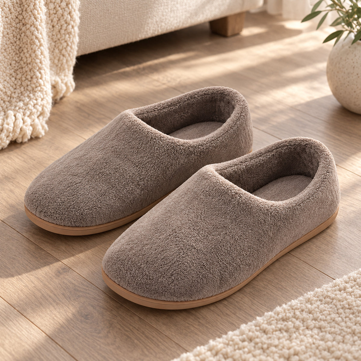 Climmatee Taupe Plush-Look Indoor Slippers with Soft Rounded Shape