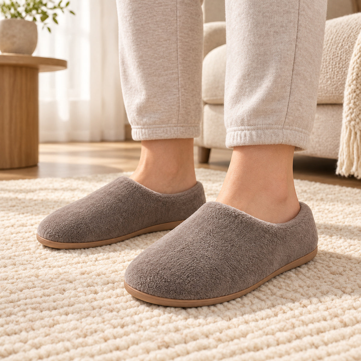 Climmatee Taupe Plush-Look Indoor Slippers with Soft Rounded Shape