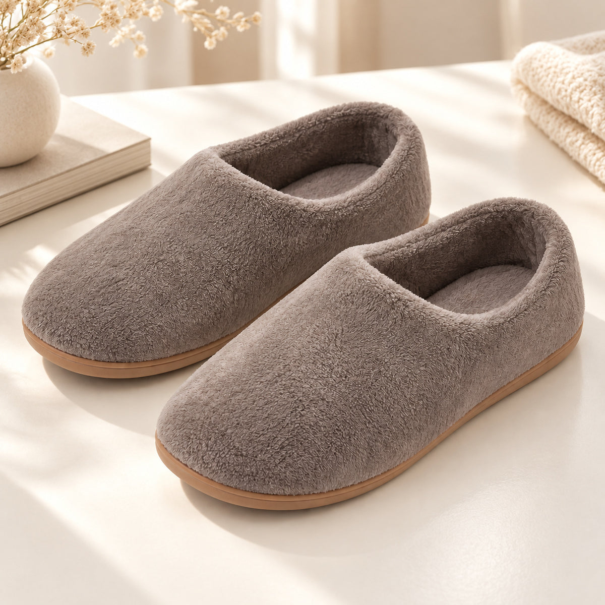 Climmatee Taupe Plush-Look Indoor Slippers with Soft Rounded Shape