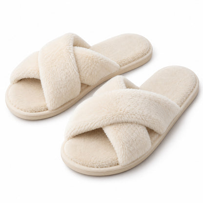 Climmatee Ivory Plush-Look Cross Strap Indoor Slippers