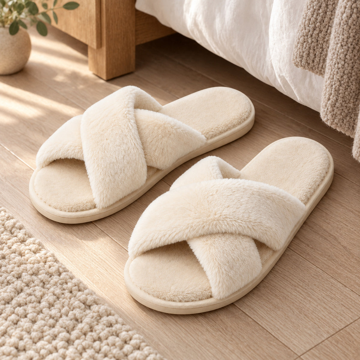 Climmatee Ivory Plush-Look Cross Strap Indoor Slippers