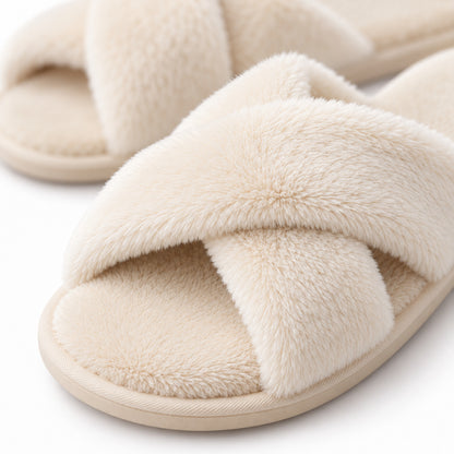 Climmatee Ivory Plush-Look Cross Strap Indoor Slippers