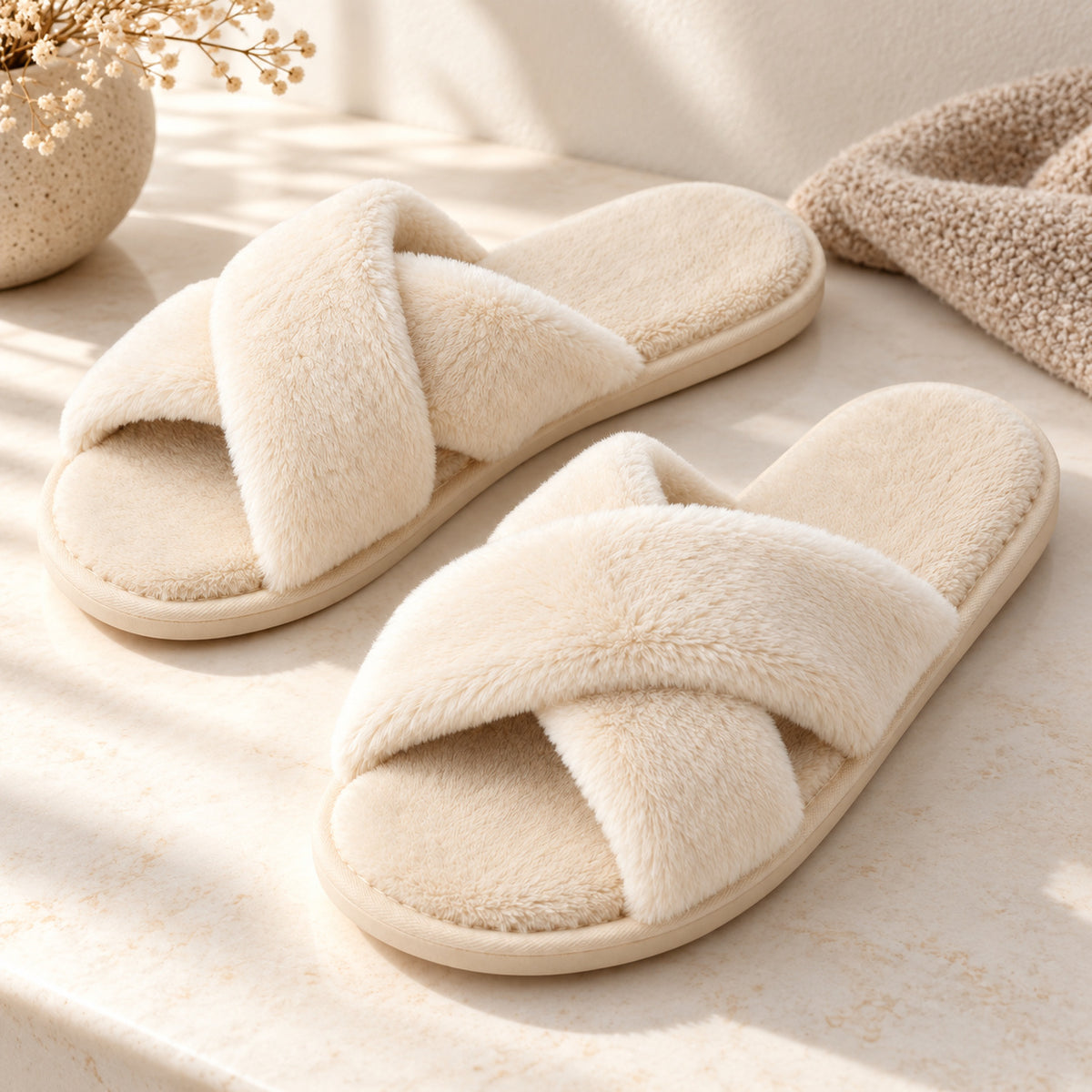 Climmatee Ivory Plush-Look Cross Strap Indoor Slippers