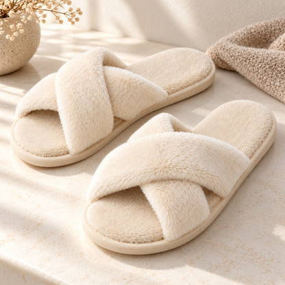 Climmatee Ivory Plush-Look Cross Strap Indoor Slippers