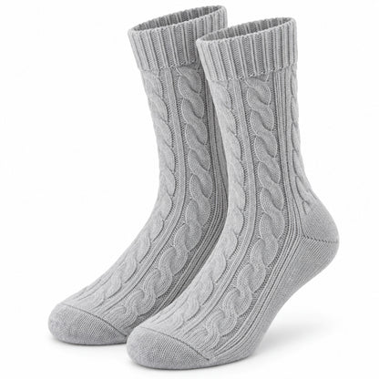 Climmatee Gray Cable Knit-Look Warm Socks with Ribbed Cuff Design