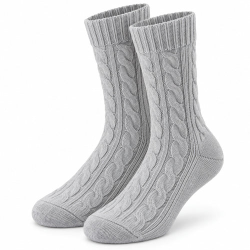 Climmatee Gray Cable Knit-Look Warm Socks with Ribbed Cuff Design