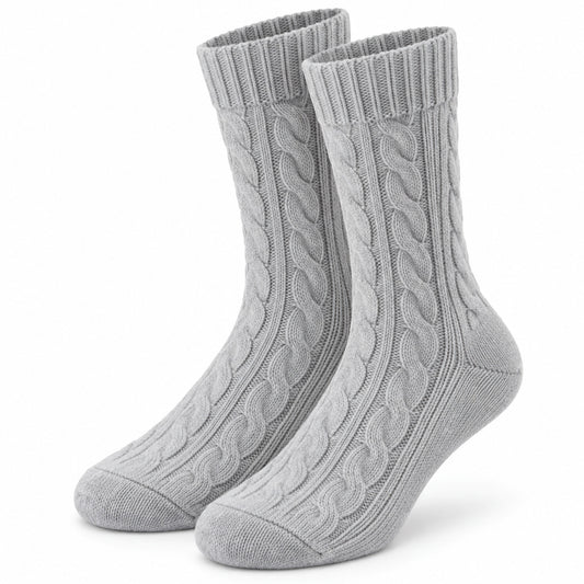 Climmatee Gray Cable Knit-Look Warm Socks with Ribbed Cuff Design